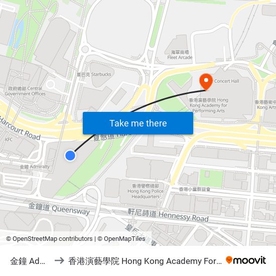 金鐘 Admiralty to 香港演藝學院 Hong Kong Academy For Performing Arts map