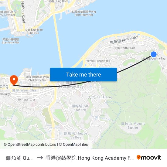 鰂魚涌 Quarry Bay to 香港演藝學院 Hong Kong Academy For Performing Arts map