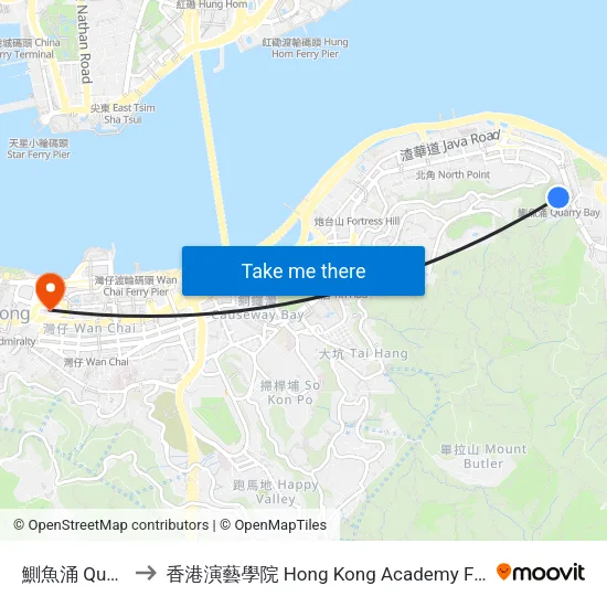 鰂魚涌 Quarry Bay to 香港演藝學院 Hong Kong Academy For Performing Arts map