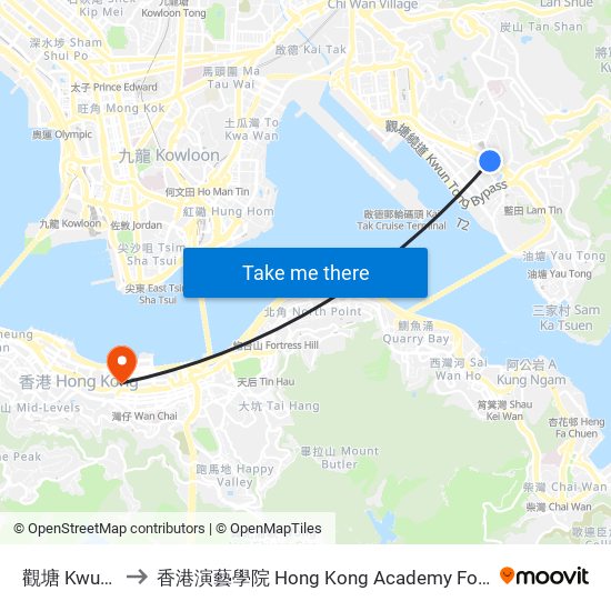 觀塘 Kwun Tong to 香港演藝學院 Hong Kong Academy For Performing Arts map