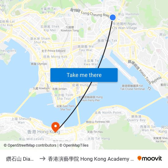 鑽石山 Diamond Hill to 香港演藝學院 Hong Kong Academy For Performing Arts map