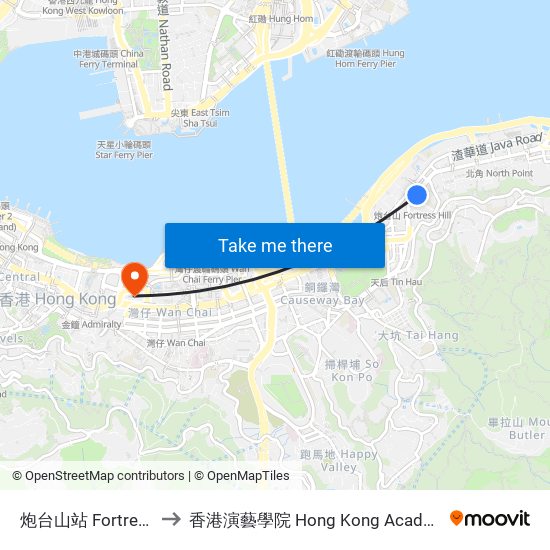 炮台山站 Fortress Hill Station to 香港演藝學院 Hong Kong Academy For Performing Arts map