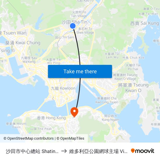 沙田市中心總站 Shatin Central Bus Terminus to 維多利亞公園網球主場 Victoria Park Centre Court map