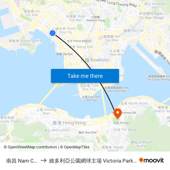 南昌 Nam Cheong to 維多利亞公園網球主場 Victoria Park Centre Court map