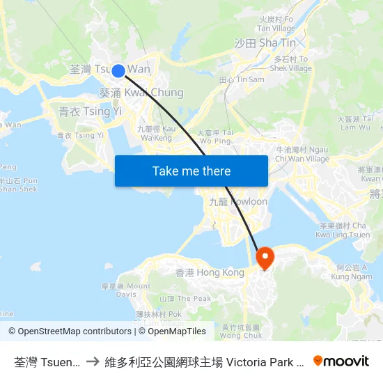 荃灣 Tsuen Wan to 維多利亞公園網球主場 Victoria Park Centre Court map