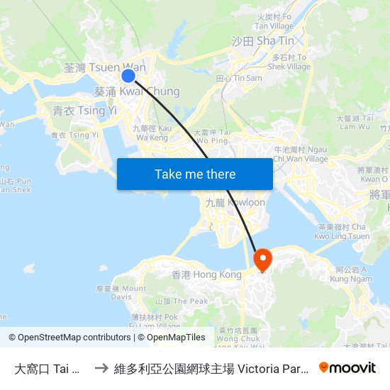 大窩口 Tai Wo Hau to 維多利亞公園網球主場 Victoria Park Centre Court map