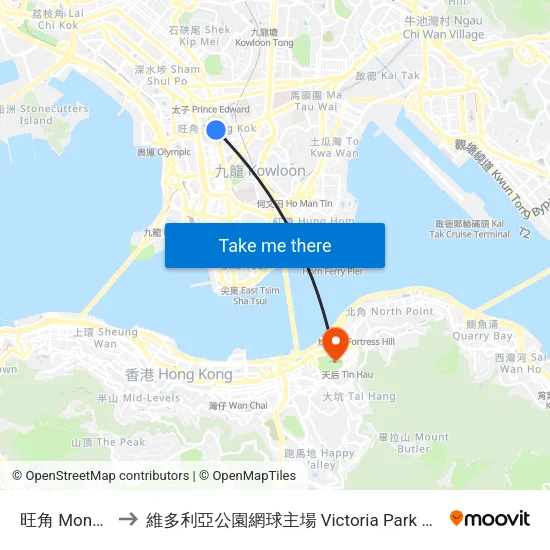旺角 Mong Kok to 維多利亞公園網球主場 Victoria Park Centre Court map