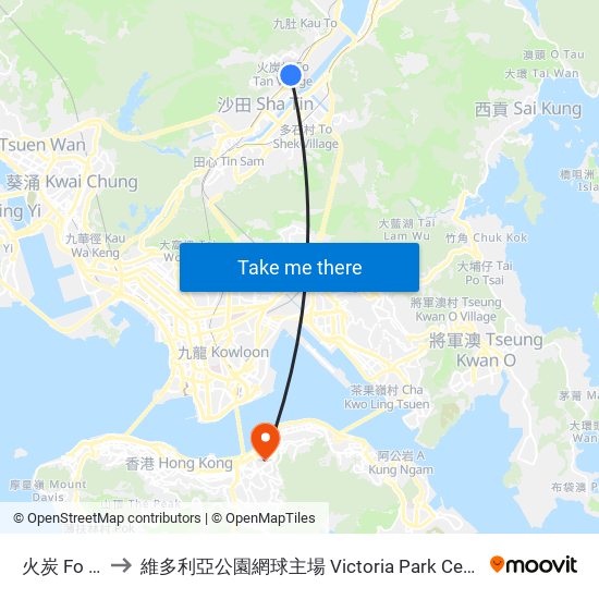 火炭 Fo Tan to 維多利亞公園網球主場 Victoria Park Centre Court map