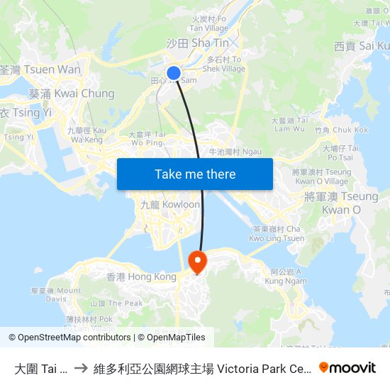 大圍 Tai Wai to 維多利亞公園網球主場 Victoria Park Centre Court map