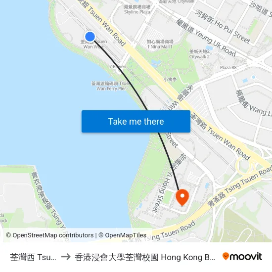 荃灣西 Tsuen Wan West to 香港浸會大學荃灣校園 Hong Kong Baptist University Tsuen Wan Campus map