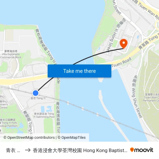 青衣 Tsing Yi to 香港浸會大學荃灣校園 Hong Kong Baptist University Tsuen Wan Campus map