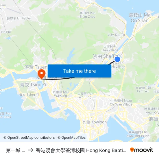 第一城 City One to 香港浸會大學荃灣校園 Hong Kong Baptist University Tsuen Wan Campus map