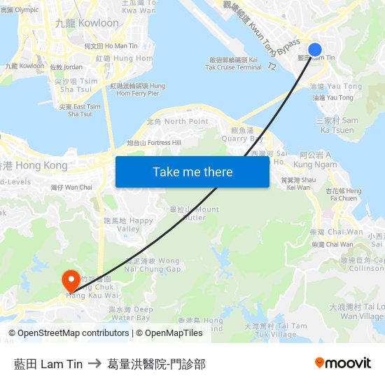 藍田 Lam Tin to 葛量洪醫院-門診部 map