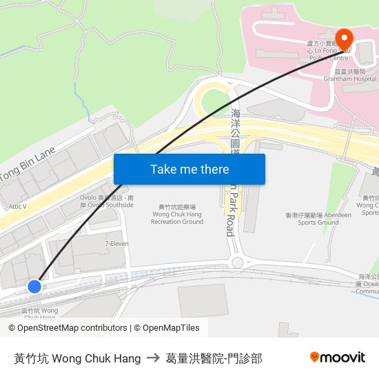 黃竹坑 Wong Chuk Hang to 葛量洪醫院-門診部 map