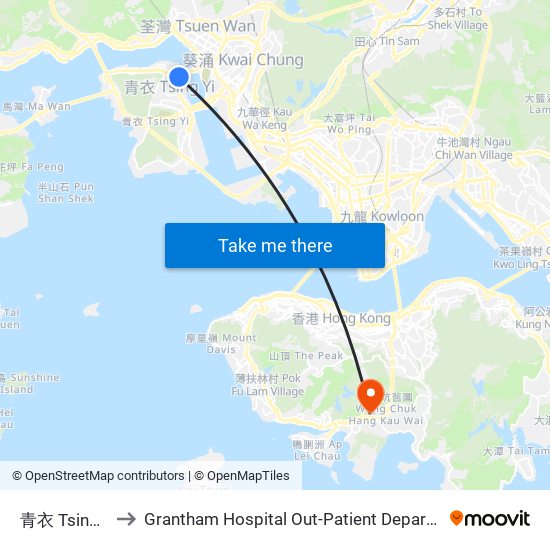 青衣 Tsing Yi to Grantham Hospital Out-Patient Department map