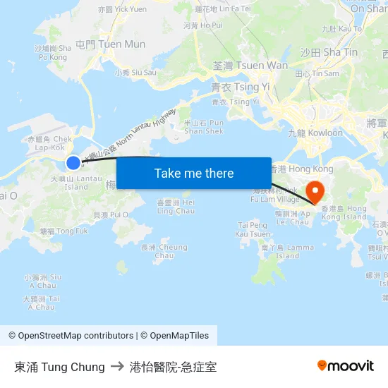 東涌 Tung Chung to 港怡醫院-急症室 map