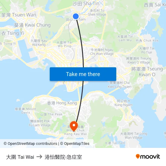大圍 Tai Wai to 港怡醫院-急症室 map