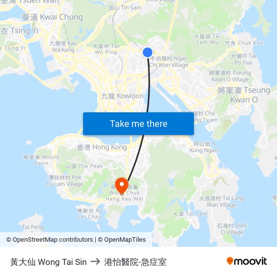 黃大仙 Wong Tai Sin to 港怡醫院-急症室 map