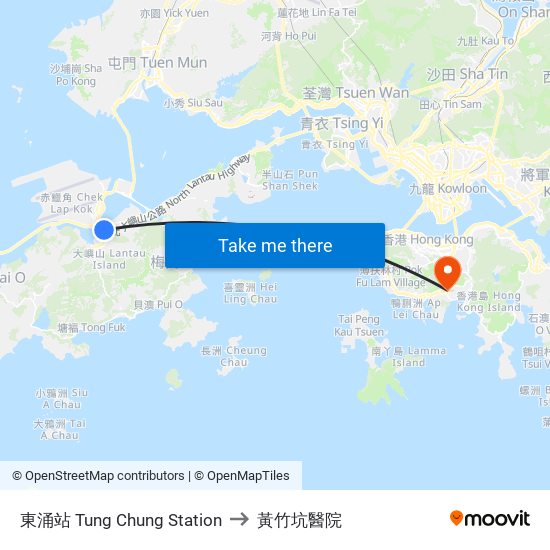 東涌站 Tung Chung Station to 黃竹坑醫院 map