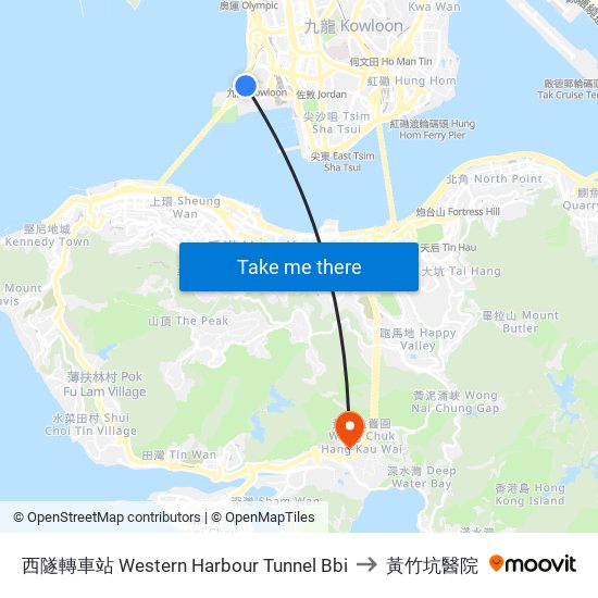 西隧轉車站 Western Harbour Tunnel Bbi to 黃竹坑醫院 map