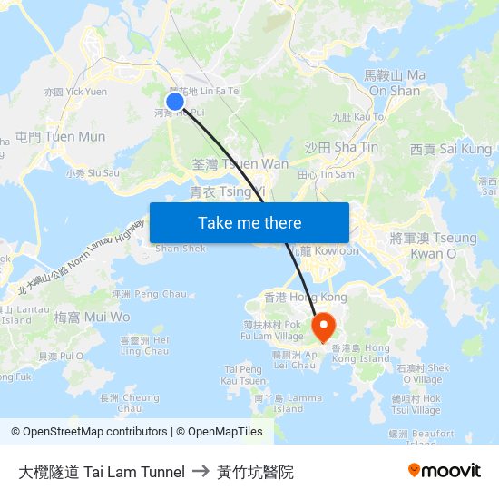 大欖隧道 Tai Lam Tunnel to 黃竹坑醫院 map