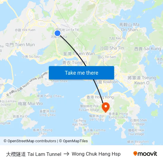 Tai Lam Tunnel to Wong Chuk Hang Hospital map