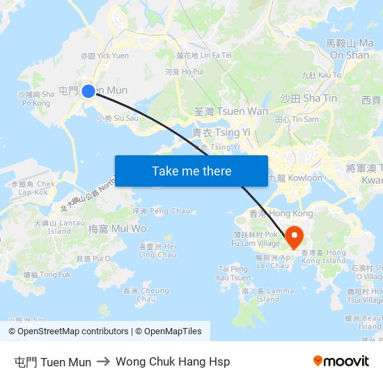 屯門 Tuen Mun to Wong Chuk Hang Hsp map