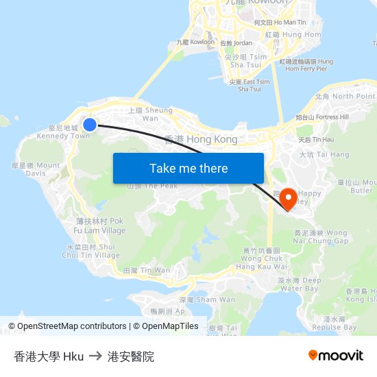 香港大學 Hku to 港安醫院 map