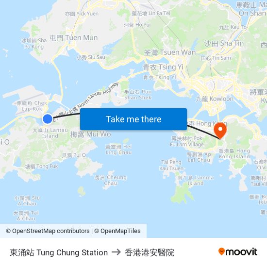 東涌站 Tung Chung Station to 香港港安醫院 map