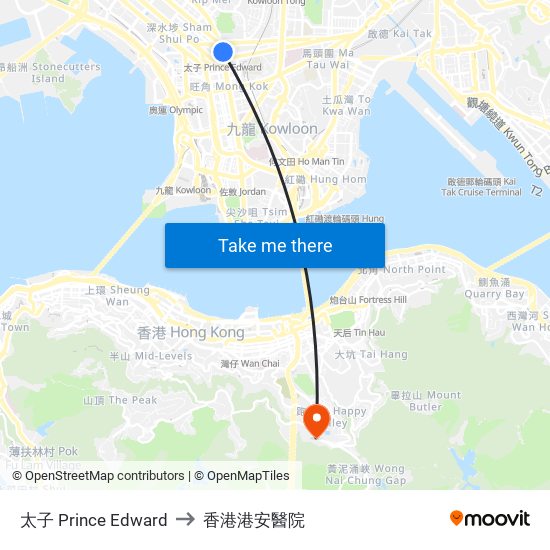 太子 Prince Edward to 香港港安醫院 map