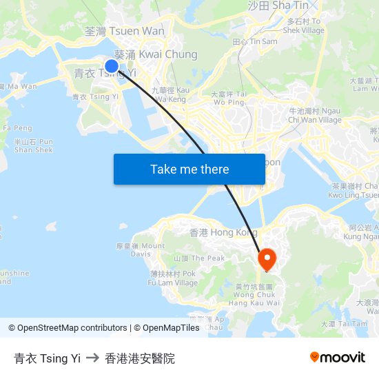 青衣 Tsing Yi to 香港港安醫院 map