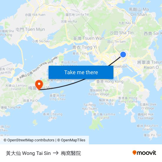 黃大仙 Wong Tai Sin to 梅窩醫院 map