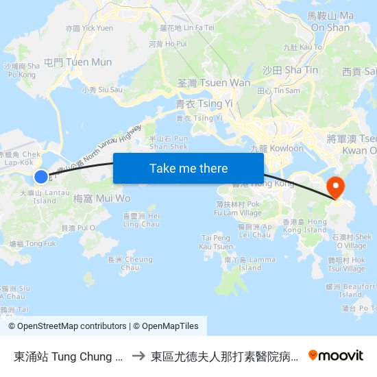 東涌站 Tung Chung Station to 東區尤德夫人那打素醫院病理學大樓 map