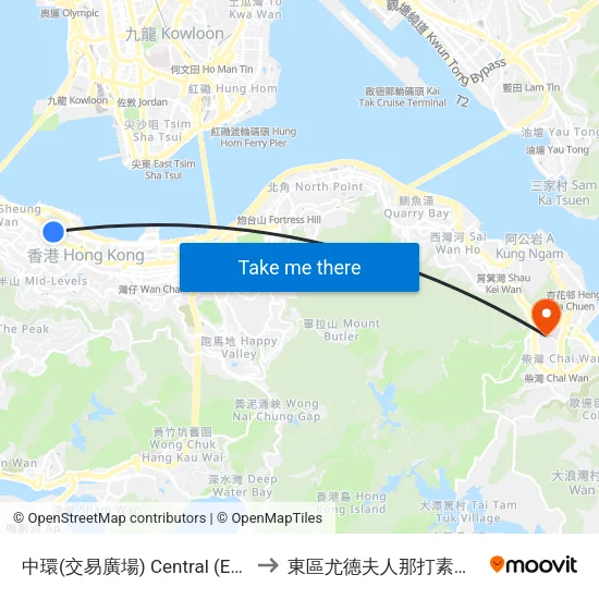 中環(交易廣場) Central (Exchange Square) to 東區尤德夫人那打素醫院病理學大樓 map