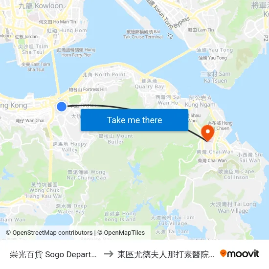 崇光百貨 Sogo Department Store to 東區尤德夫人那打素醫院病理學大樓 map
