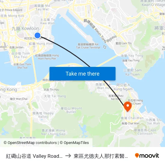 紅磡山谷道 Valley Road Hung Hom to 東區尤德夫人那打素醫院病理學大樓 map