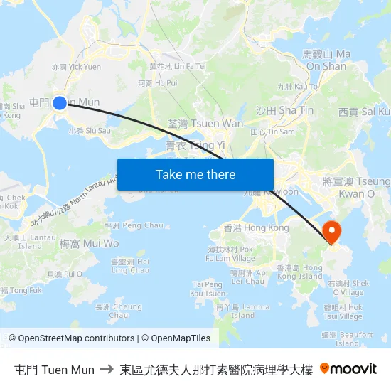 屯門 Tuen Mun to 東區尤德夫人那打素醫院病理學大樓 map