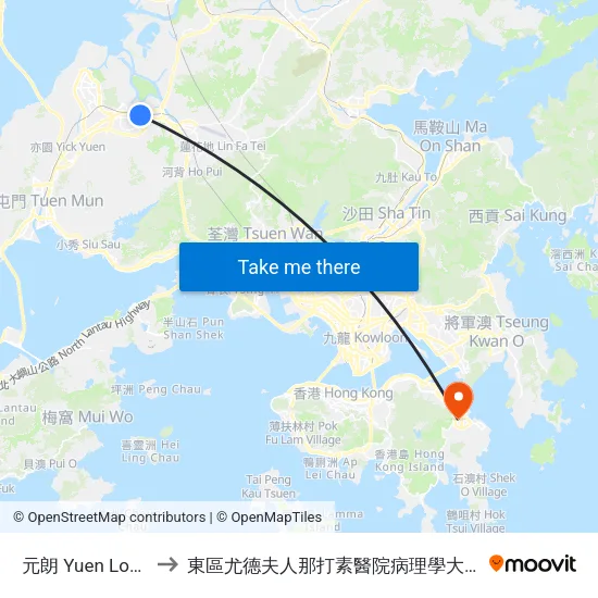 元朗 Yuen Long to 東區尤德夫人那打素醫院病理學大樓 map