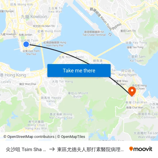 尖沙咀 Tsim Sha Tsui to 東區尤德夫人那打素醫院病理學大樓 map