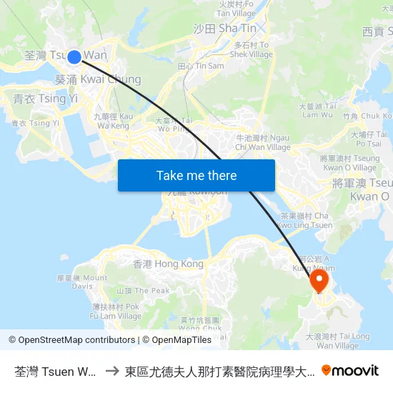 荃灣 Tsuen Wan to 東區尤德夫人那打素醫院病理學大樓 map