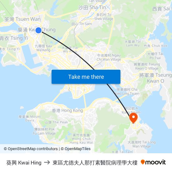 葵興 Kwai Hing to 東區尤德夫人那打素醫院病理學大樓 map