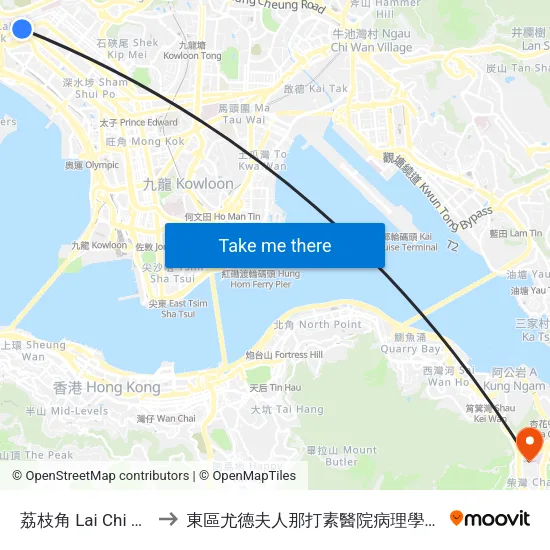 荔枝角 Lai Chi Kok to 東區尤德夫人那打素醫院病理學大樓 map