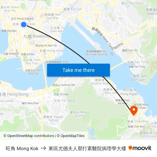 旺角 Mong Kok to 東區尤德夫人那打素醫院病理學大樓 map