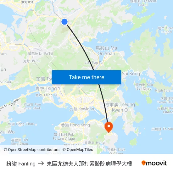 粉嶺 Fanling to 東區尤德夫人那打素醫院病理學大樓 map