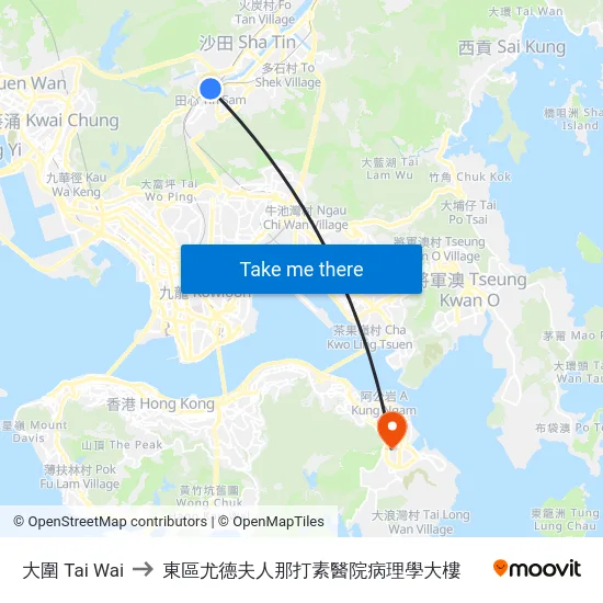 大圍 Tai Wai to 東區尤德夫人那打素醫院病理學大樓 map