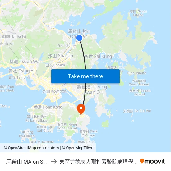 馬鞍山 MA on Shan to 東區尤德夫人那打素醫院病理學大樓 map