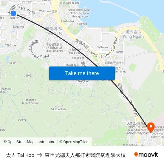 太古 Tai Koo to 東區尤德夫人那打素醫院病理學大樓 map