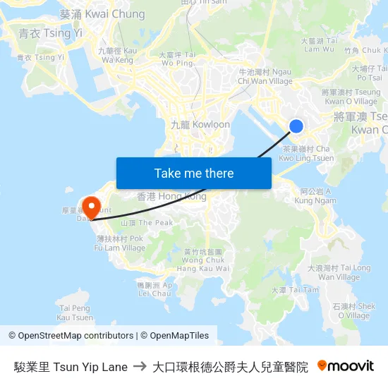駿業里 Tsun Yip Lane to 大口環根德公爵夫人兒童醫院 map