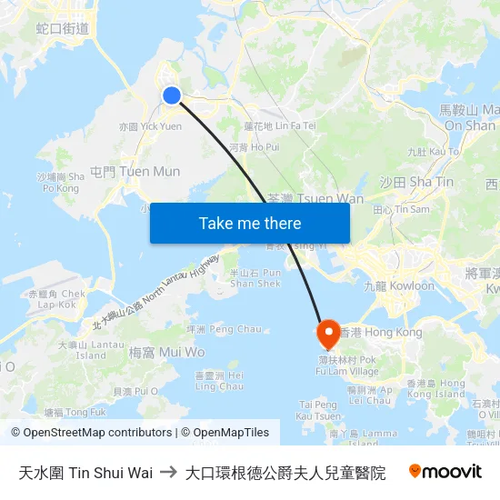 天水圍 Tin Shui Wai to 大口環根德公爵夫人兒童醫院 map