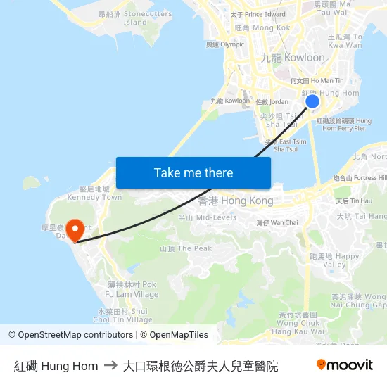 紅磡 Hung Hom to 大口環根德公爵夫人兒童醫院 map
